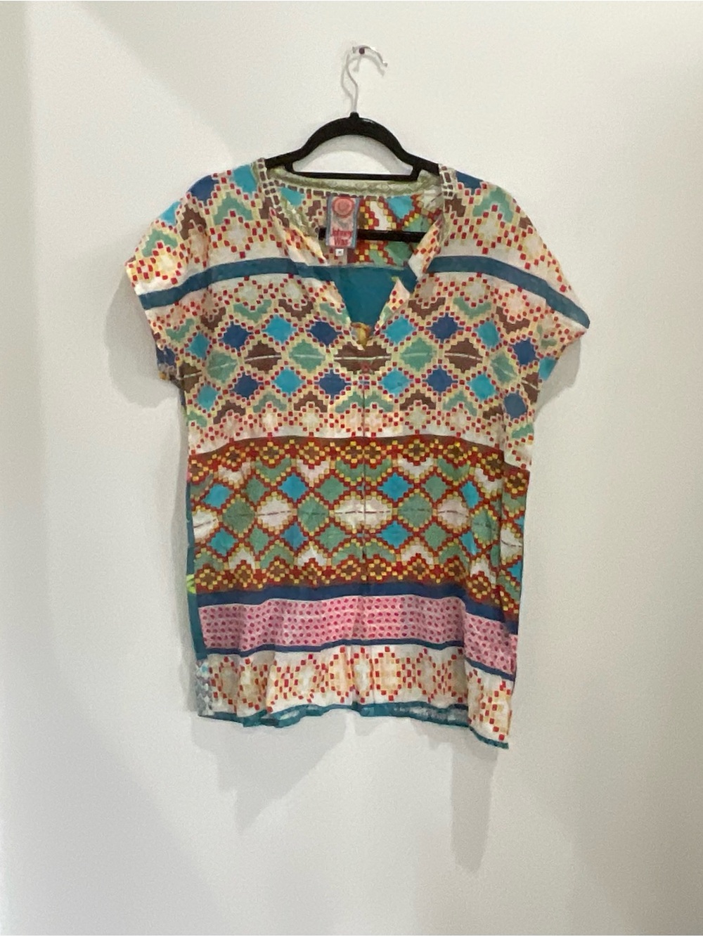 Johnny Was Silk Blend Turquoise Pink and Gold Patterned Tunic sz M